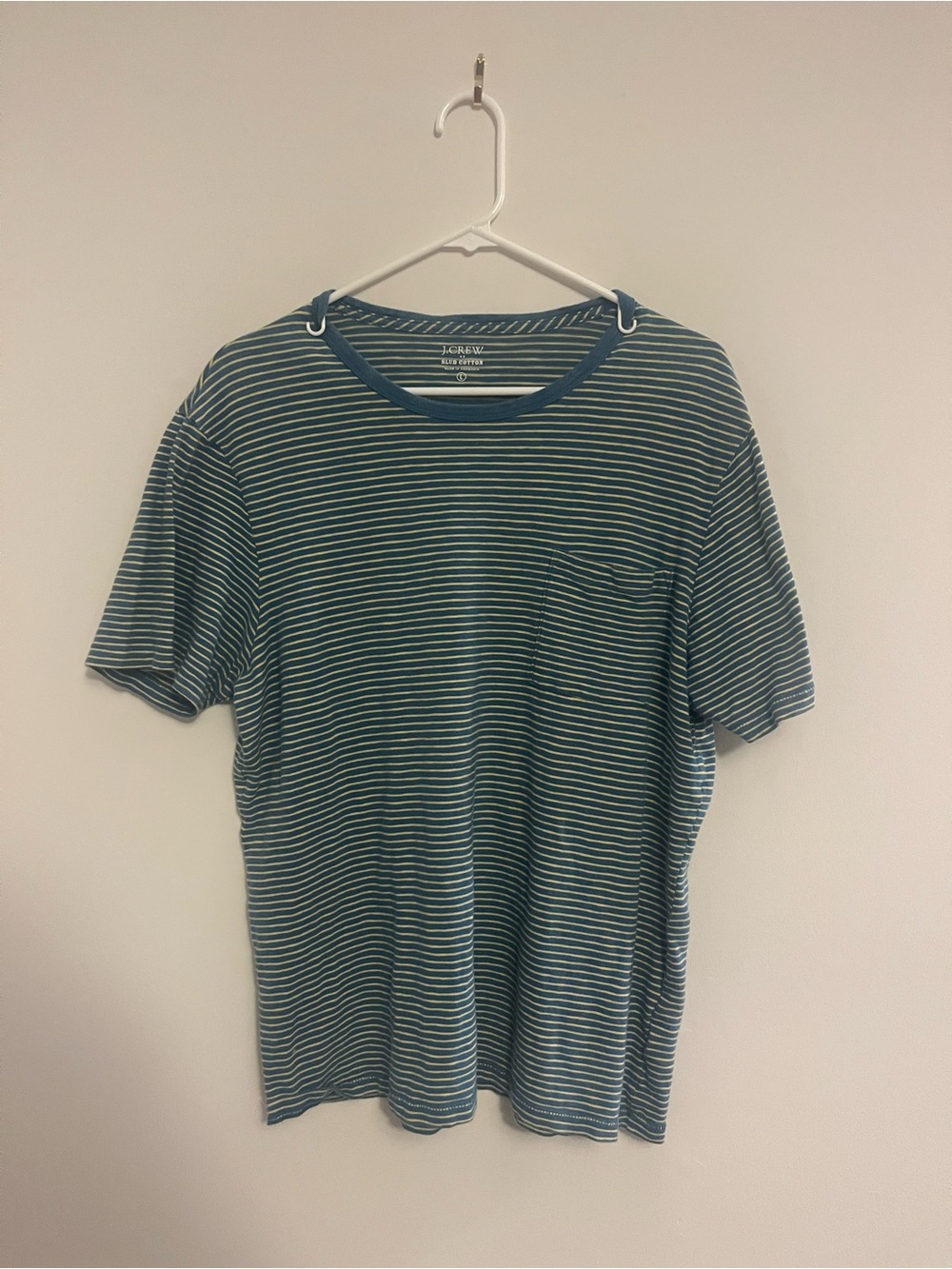 J. Crew Teal and White Striped Pocket Crew T‑Shirt